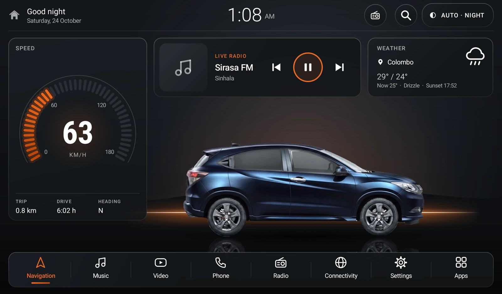 Drive Launcher on an Android car player at night, playing live radio